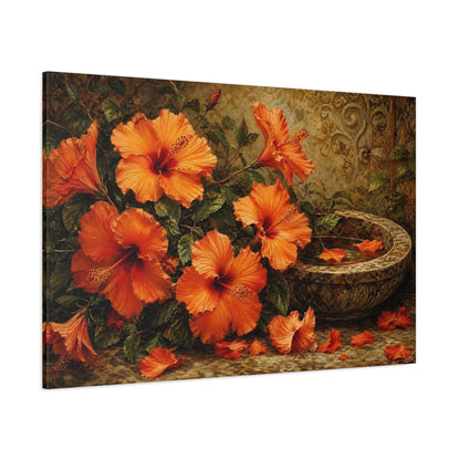 Side Mockup 1. Floral Hibiscus Flowers Orange Floral Art shown as stretched canvas wall art