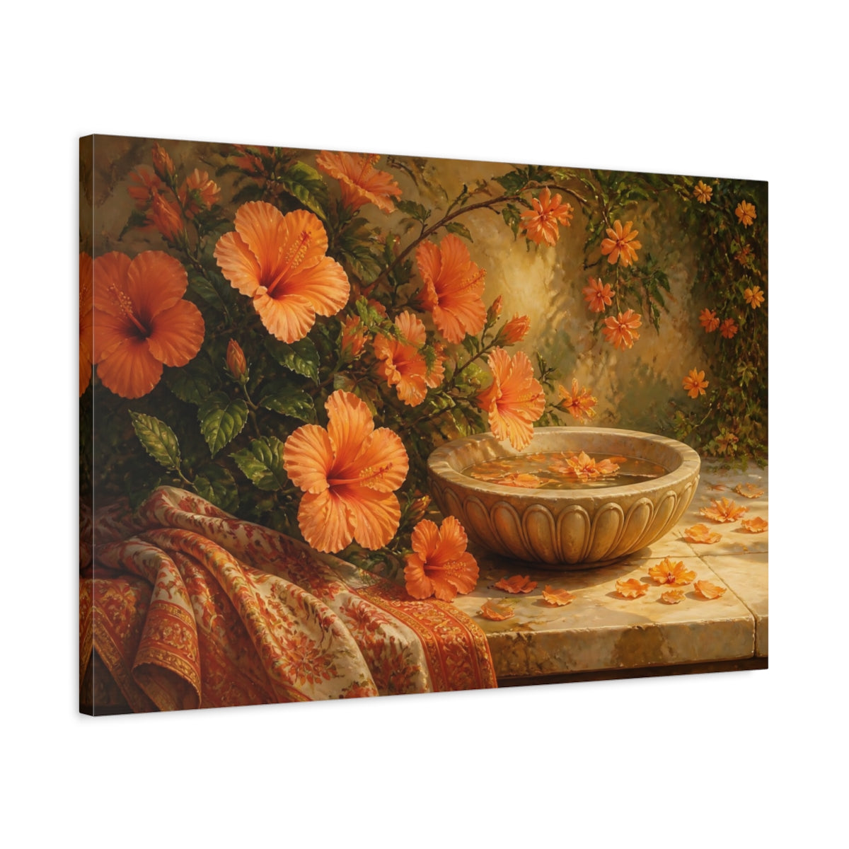 Side Mockup 2. Floral Hibiscus Flowers Orange Floral shown as stretched canvas wall art