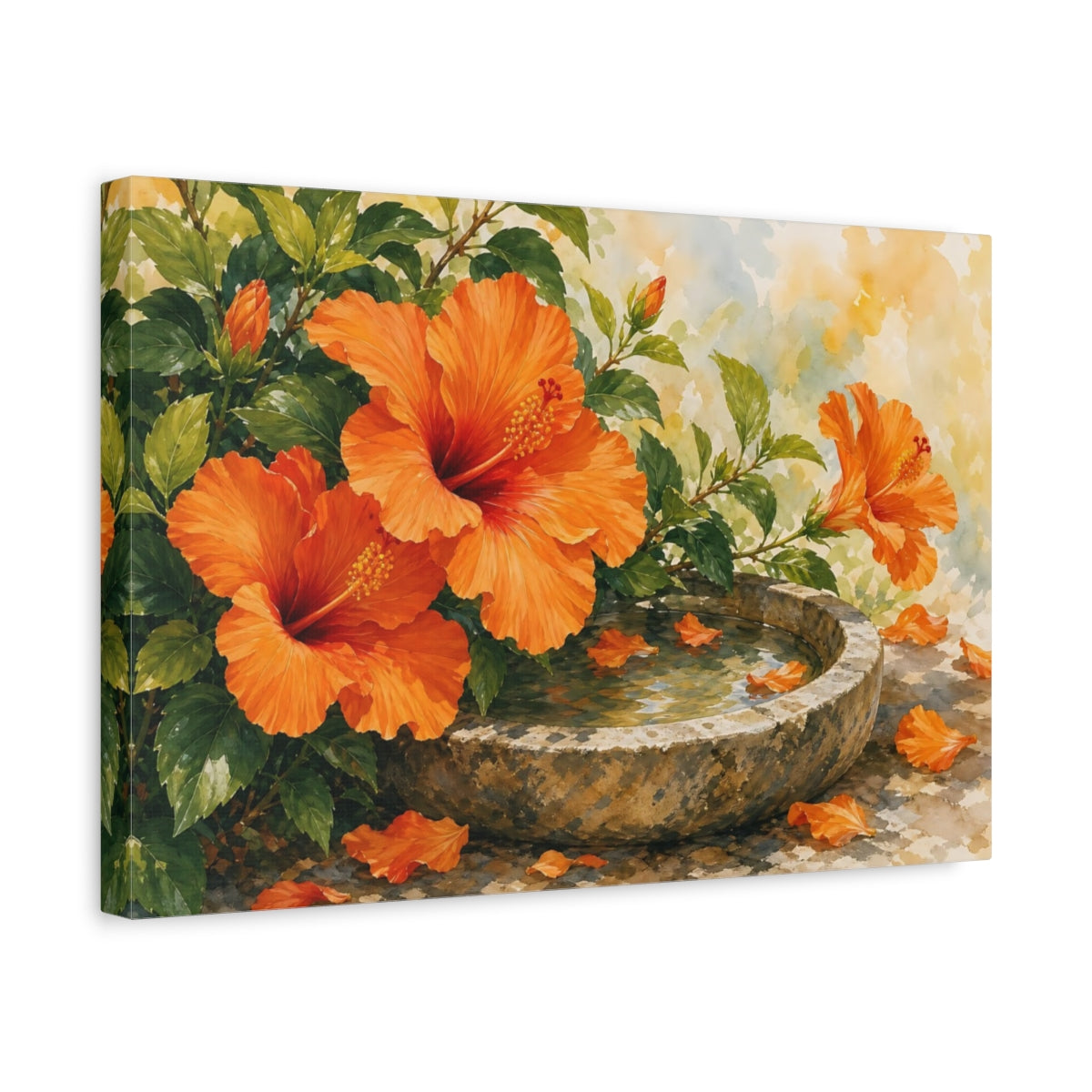 Side Mockup 4. Floral Hibiscus Flowers Orange Hibiscus shown as stretched canvas wall art