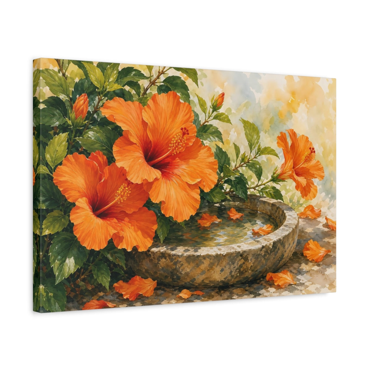 Side Mockup 3. Floral Hibiscus Flowers Orange Hibiscus shown as stretched canvas wall art