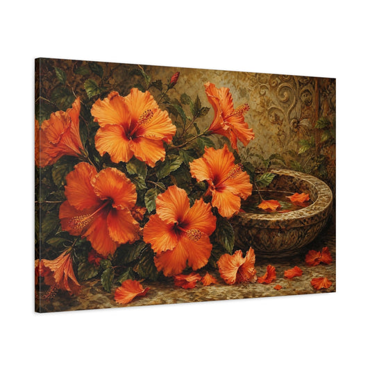 Main Mockup. Floral Hibiscus Flowers Orange Floral Art shown as stretched canvas wall art