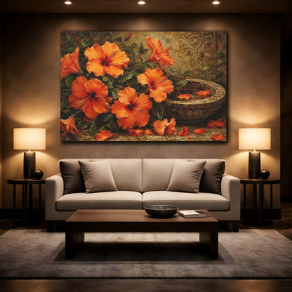 Mockup 2. Floral Hibiscus Flowers Orange Floral Art shown as stretched canvas wall art