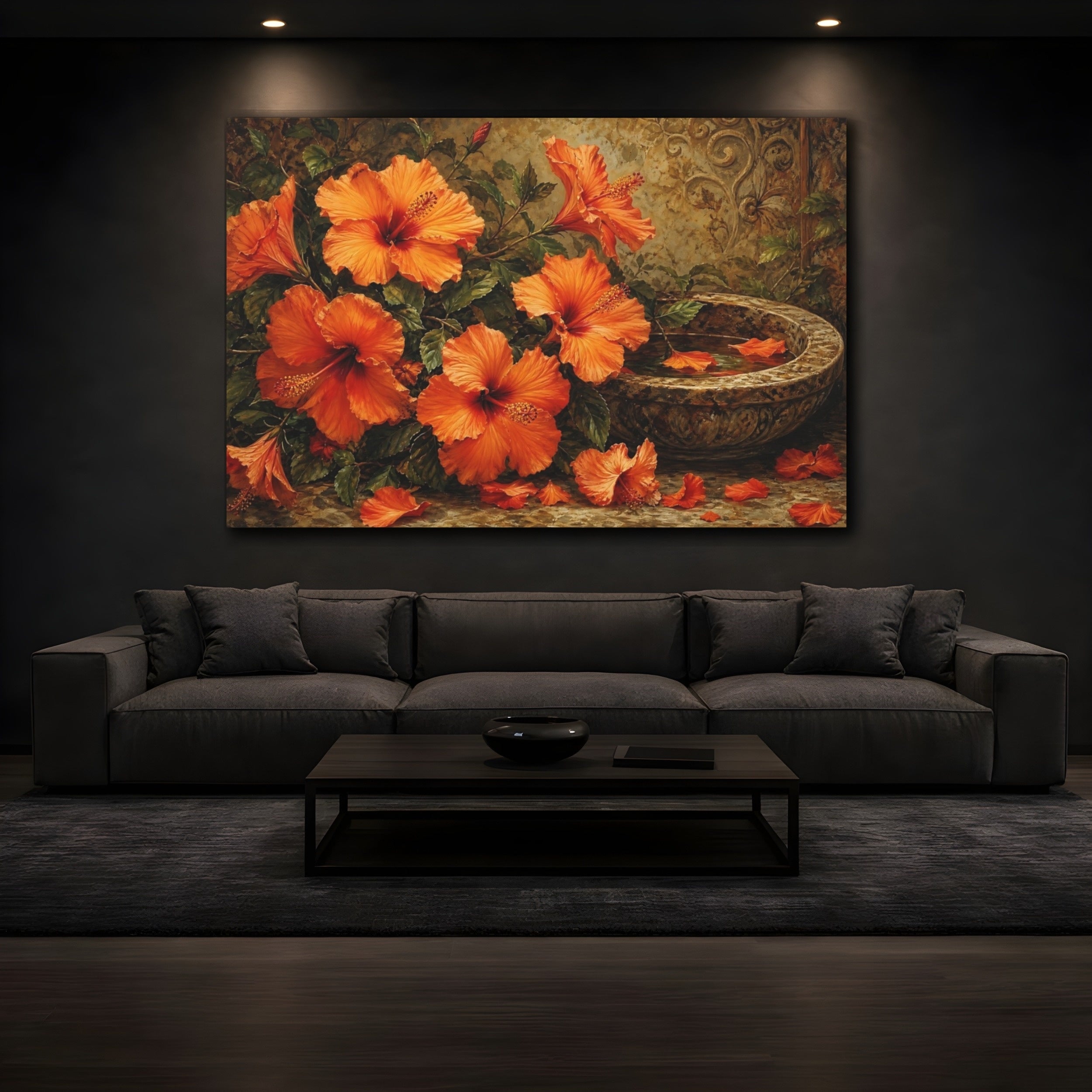 Mockup 3. Floral Hibiscus Flowers Orange Floral Art shown as stretched canvas wall art