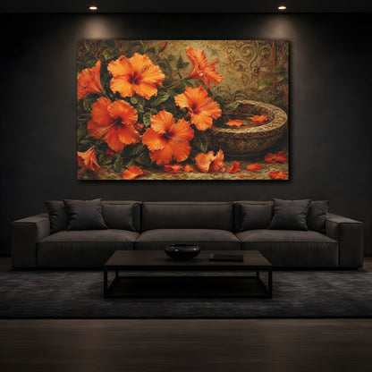 Mockup 3. Floral Hibiscus Flowers Orange Floral Art shown as stretched canvas wall art