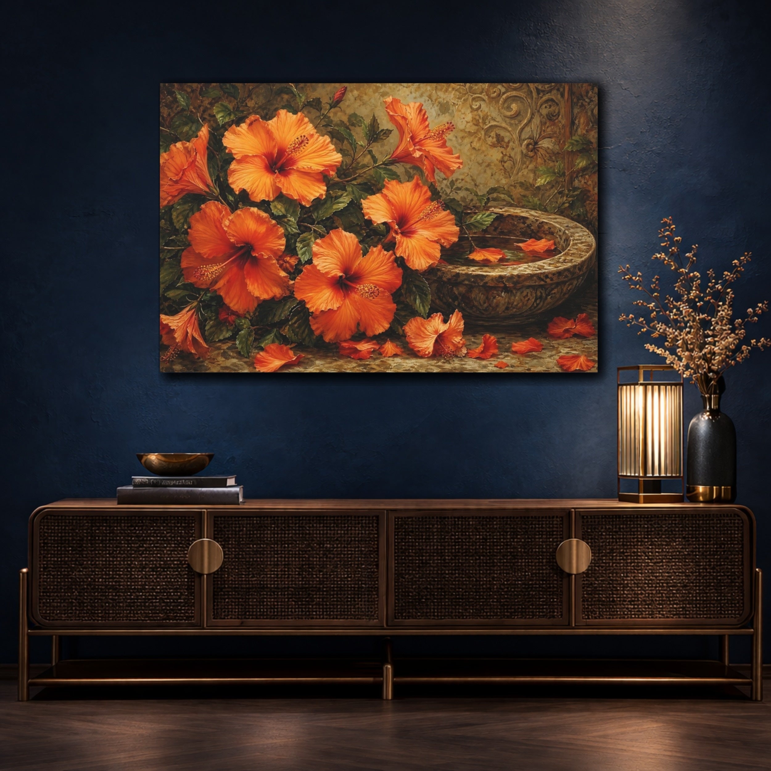 Mockup 4. Floral Hibiscus Flowers Orange Floral Art shown as stretched canvas wall art