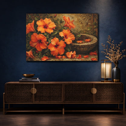 Mockup 4. Floral Hibiscus Flowers Orange Floral Art shown as stretched canvas wall art