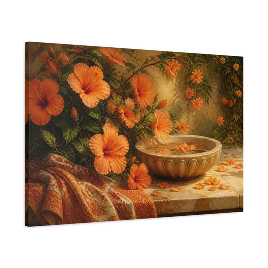 Main Mockup. Floral Hibiscus Flowers Orange Floral shown as stretched canvas wall art