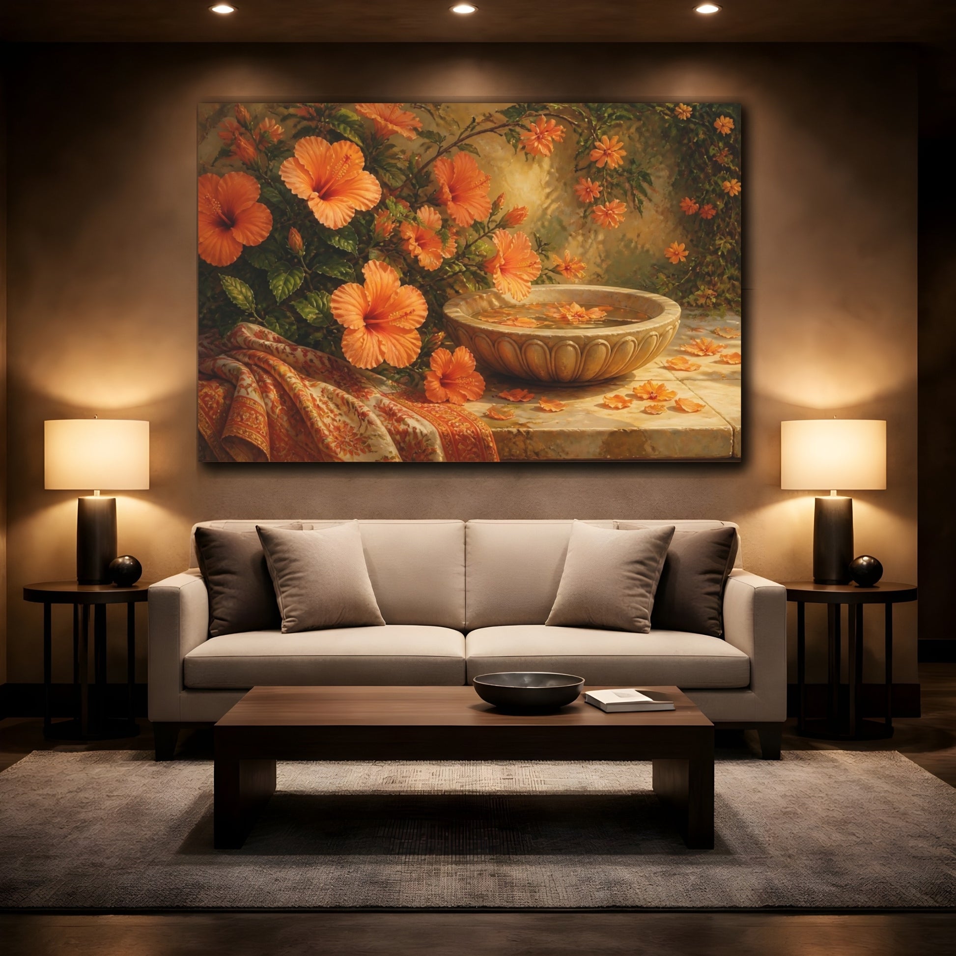 Mockup 2. Floral Hibiscus Flowers Orange Floral shown as stretched canvas wall art