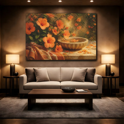 Mockup 2. Floral Hibiscus Flowers Orange Floral shown as stretched canvas wall art