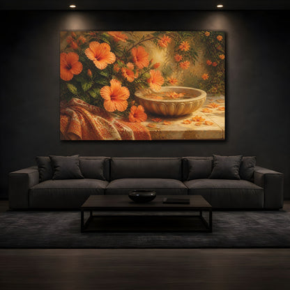 Mockup 3. Floral Hibiscus Flowers Orange Floral shown as stretched canvas wall art