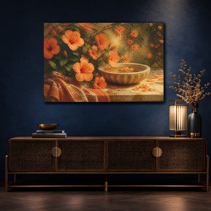 Mockup 4. Floral Hibiscus Flowers Orange Floral shown as stretched canvas wall art