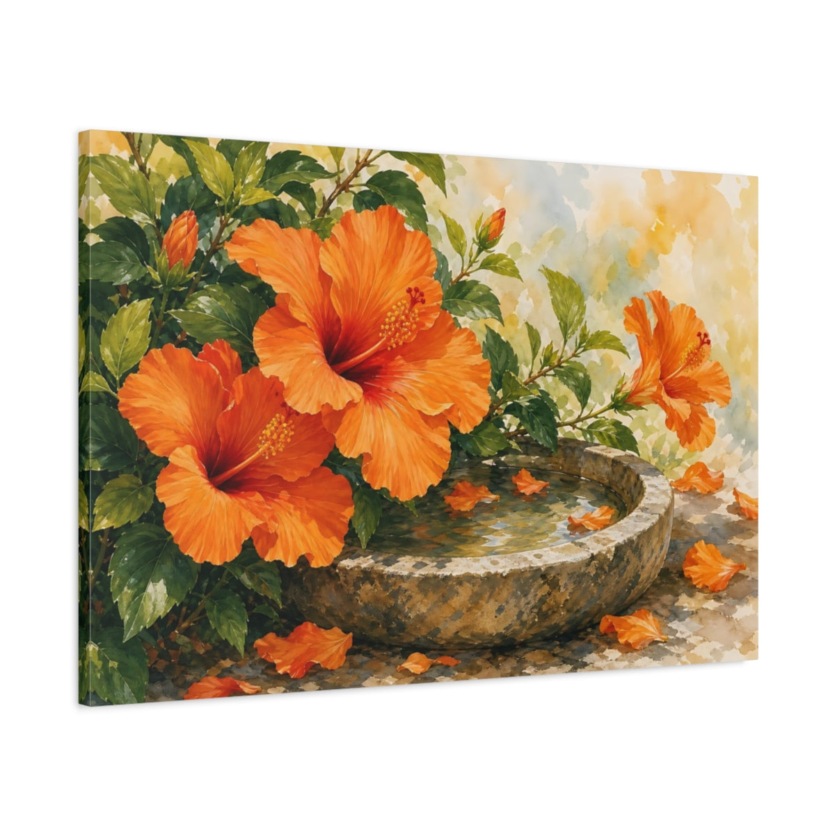 Main Mockup. Floral Hibiscus Flowers Orange Hibiscus shown as stretched canvas wall art