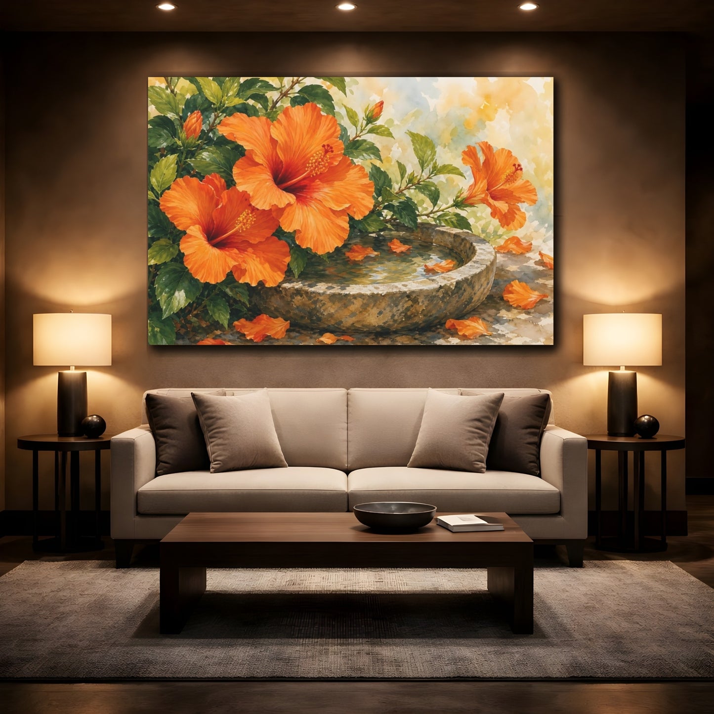 Mockup 2. Floral Hibiscus Flowers Orange Hibiscus shown as stretched canvas wall art