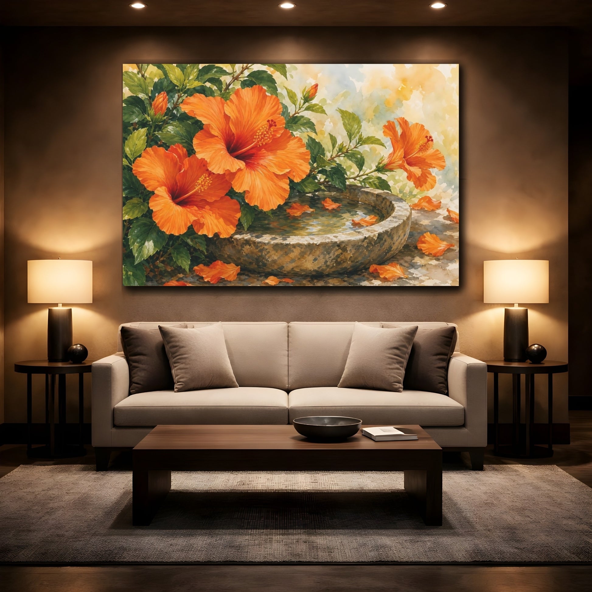 Mockup 2. Floral Hibiscus Flowers Orange Hibiscus shown as stretched canvas wall art