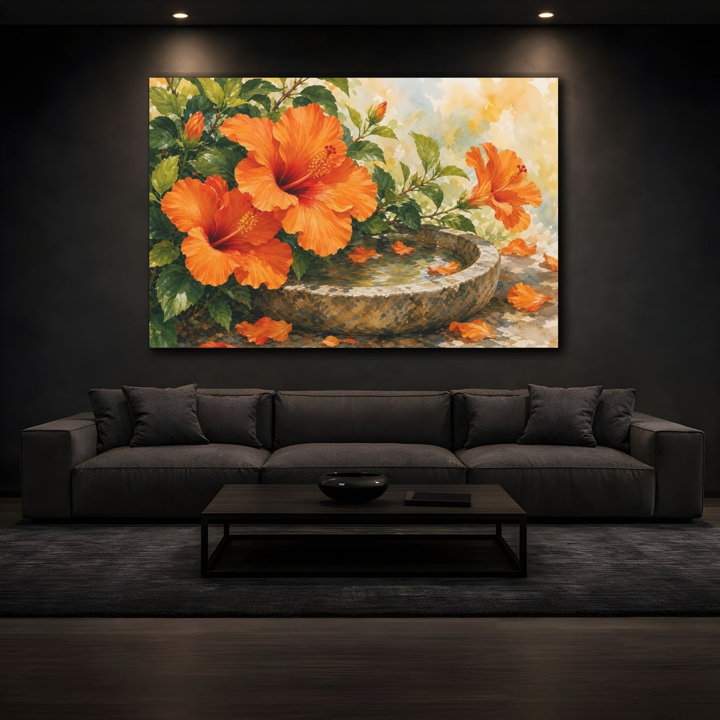 Mockup 3. Floral Hibiscus Flowers Orange Hibiscus shown as stretched canvas wall art