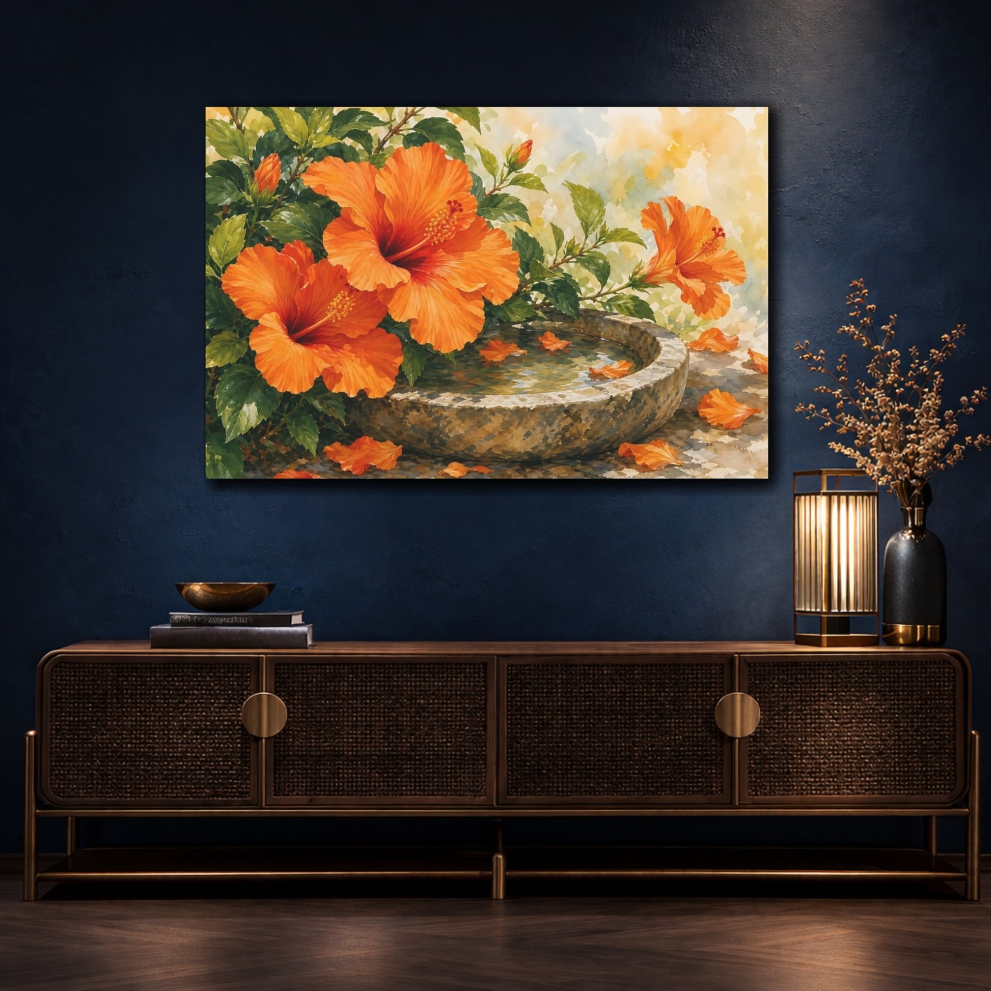 Mockup 4. Floral Hibiscus Flowers Orange Hibiscus shown as stretched canvas wall art