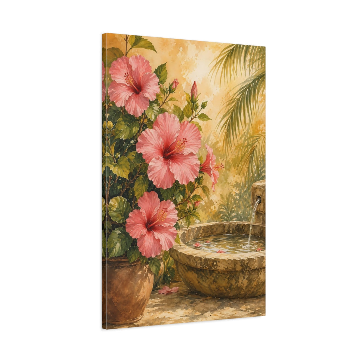 Main Mockup. Floral Hibiscus Flowers Pink Floral Garden shown as stretched canvas wall art
