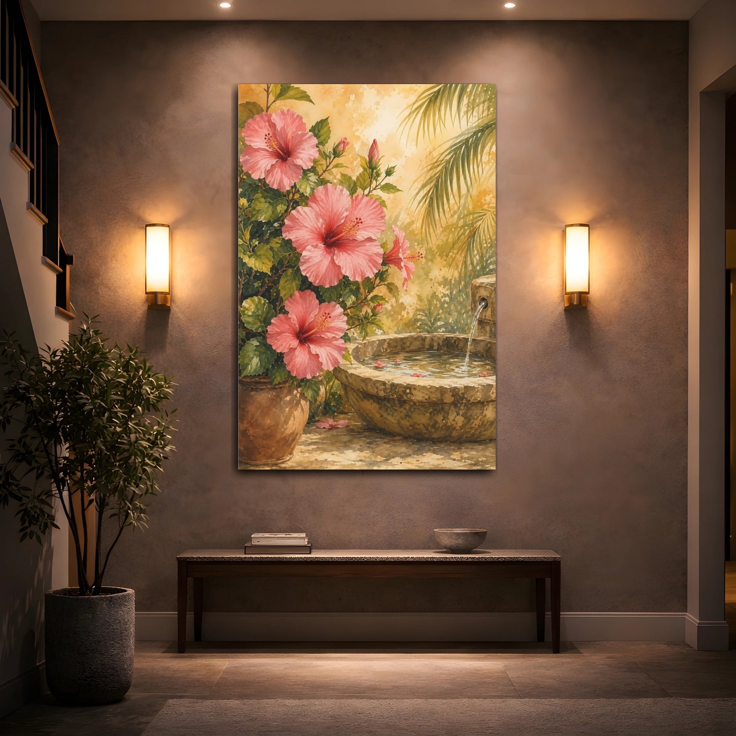Mockup 2. Floral Hibiscus Flowers Pink Floral Garden shown as stretched canvas wall art