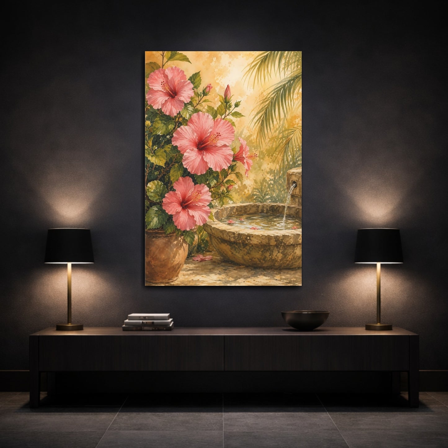 Mockup 3. Floral Hibiscus Flowers Pink Floral Garden shown as stretched canvas wall art