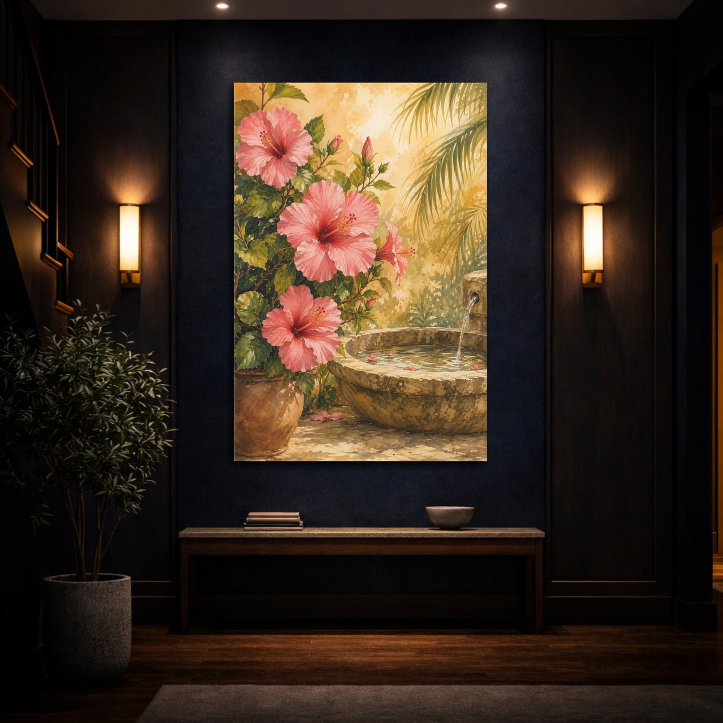Mockup 4. Floral Hibiscus Flowers Pink Floral Garden shown as stretched canvas wall art