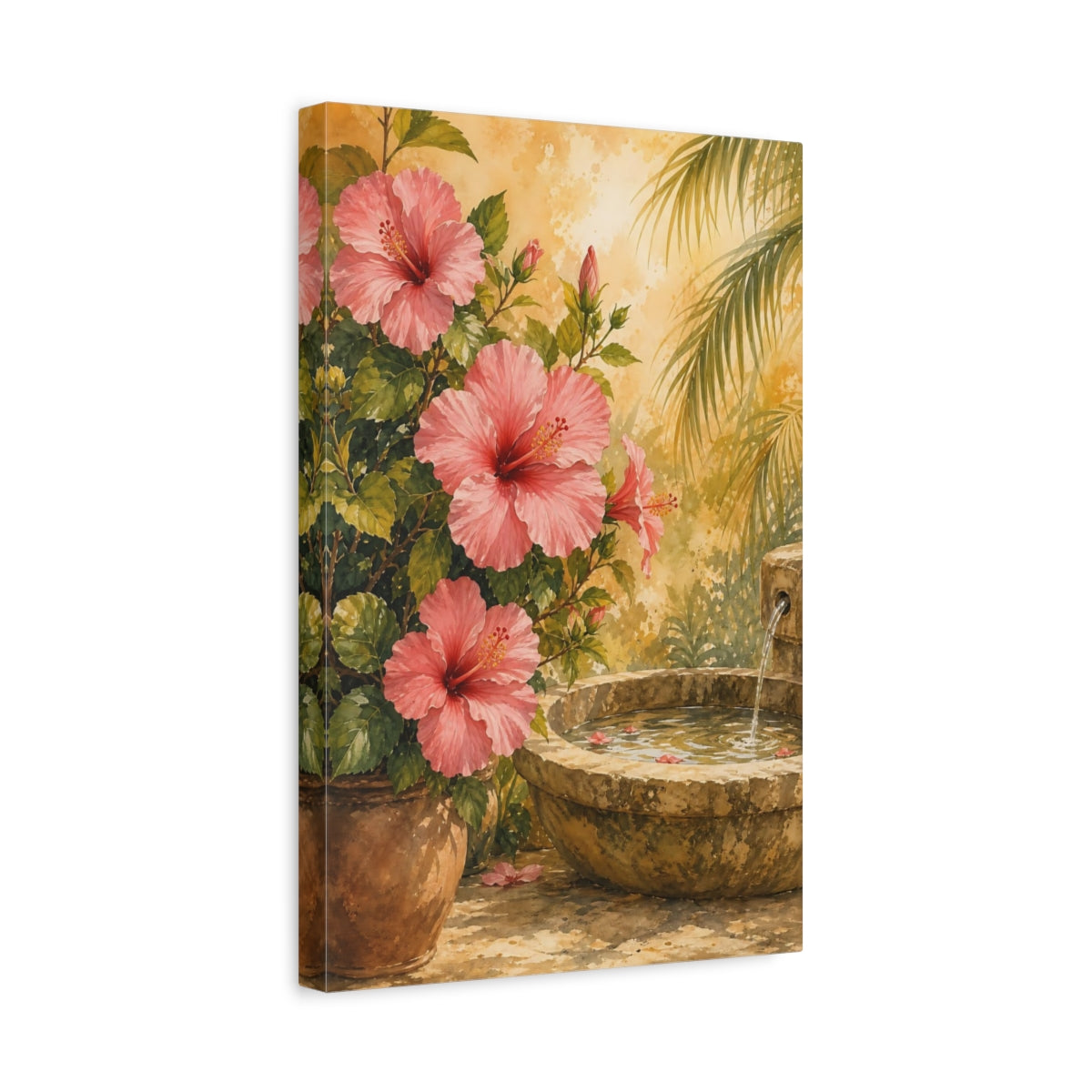 Side Mockup 4. Floral Hibiscus Flowers Pink Floral Garden shown as stretched canvas wall art