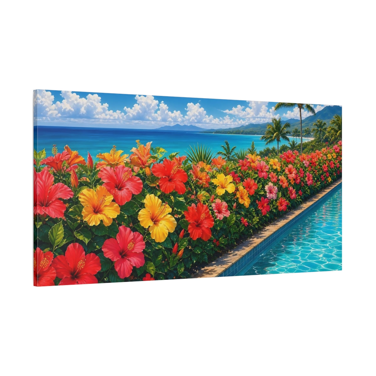 Side Mockup 2. Floral Hibiscus Flowers Vibrant Tropical Flowers shown as stretched canvas wall art