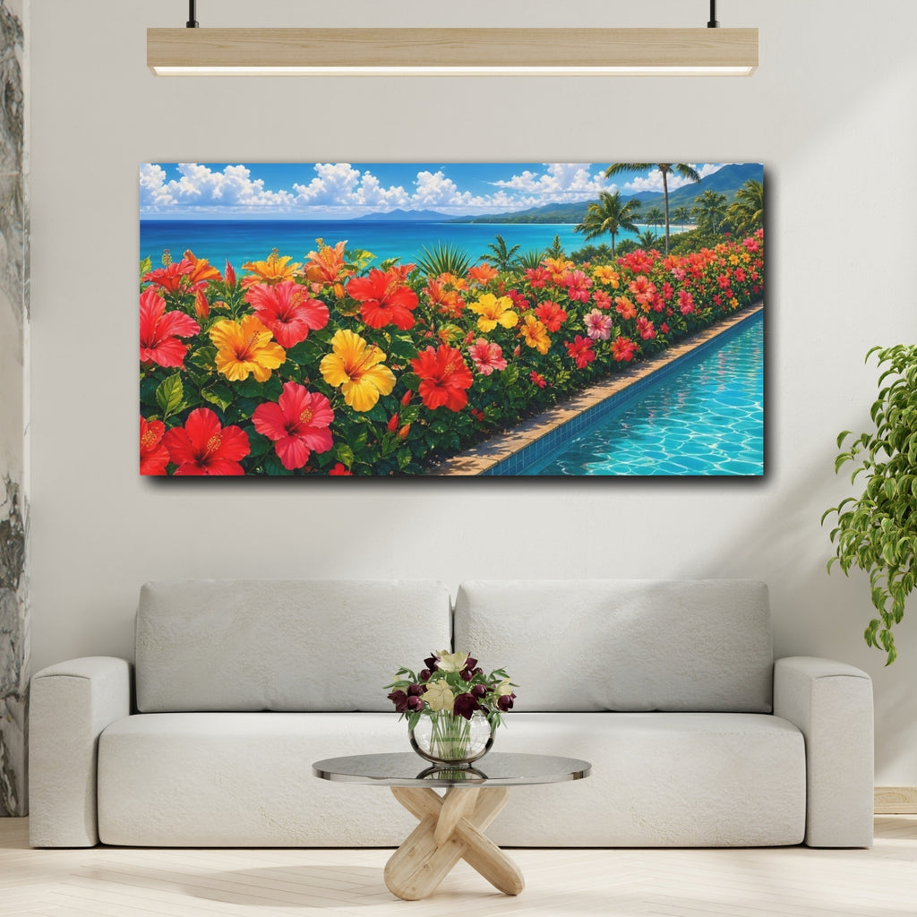 Mockup 2. Floral Hibiscus Flowers Vibrant Tropical Flowers shown as stretched canvas wall art