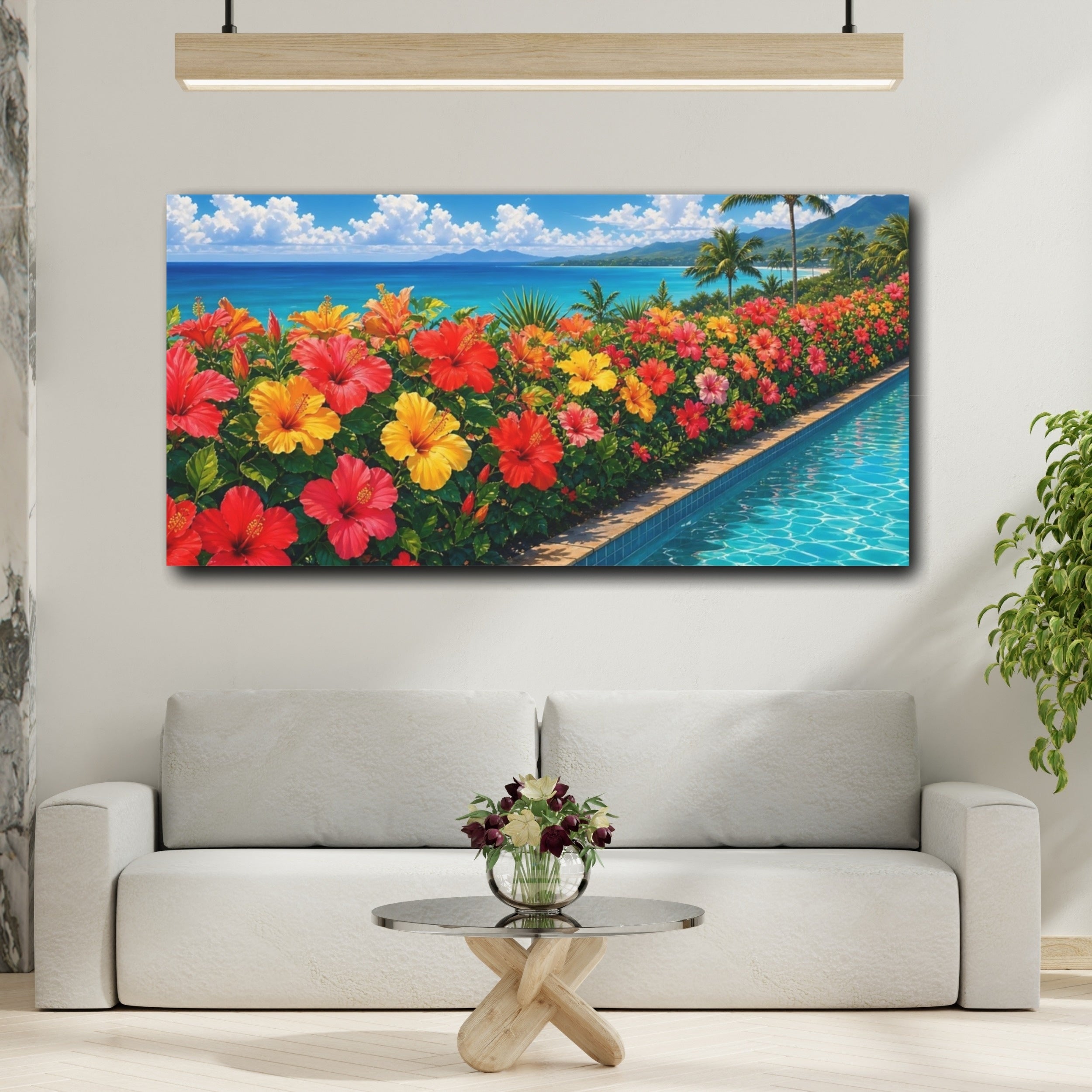 Mockup 2. Floral Hibiscus Flowers Vibrant Tropical Flowers shown as stretched canvas wall art