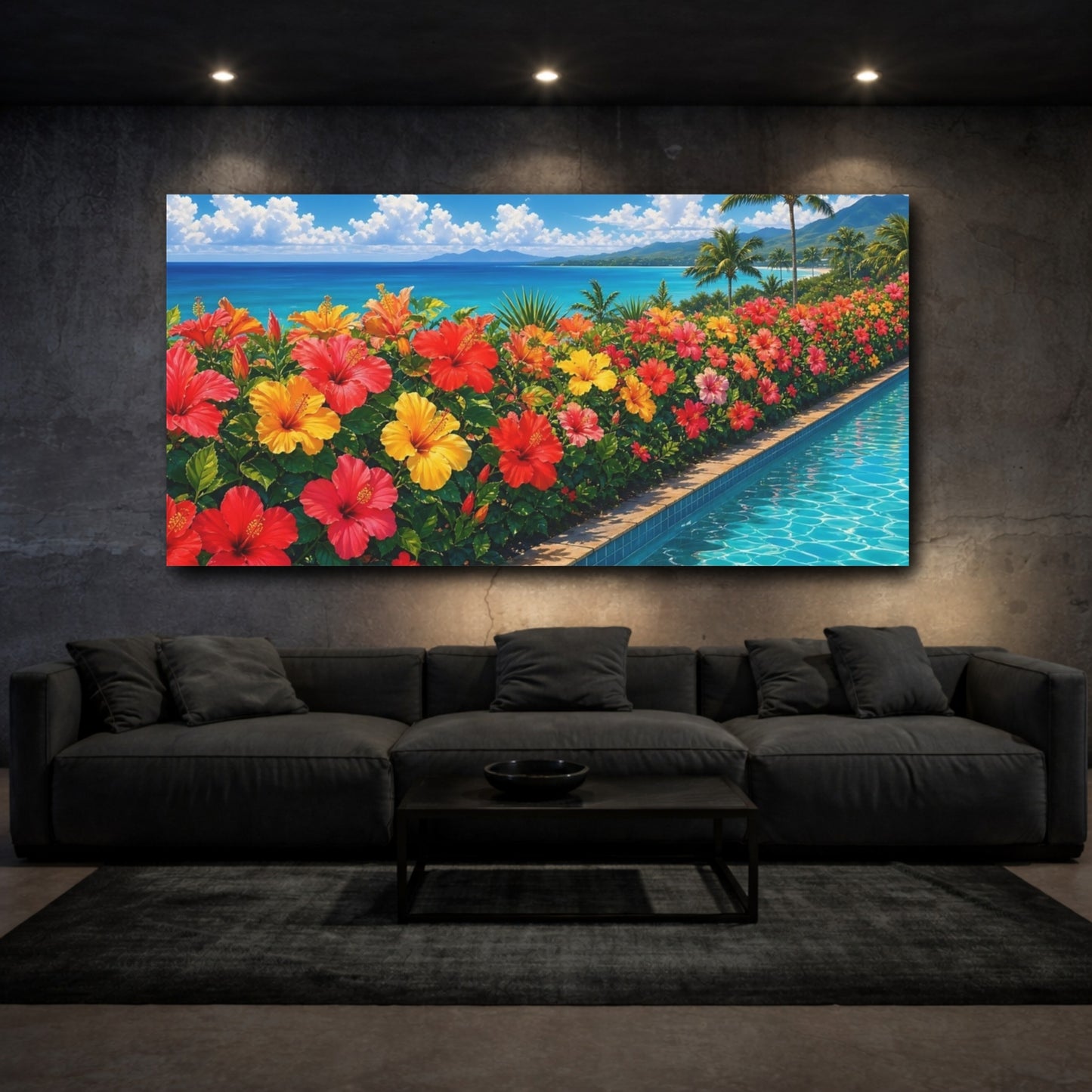 Mockup 3. Floral Hibiscus Flowers Vibrant Tropical Flowers shown as stretched canvas wall art