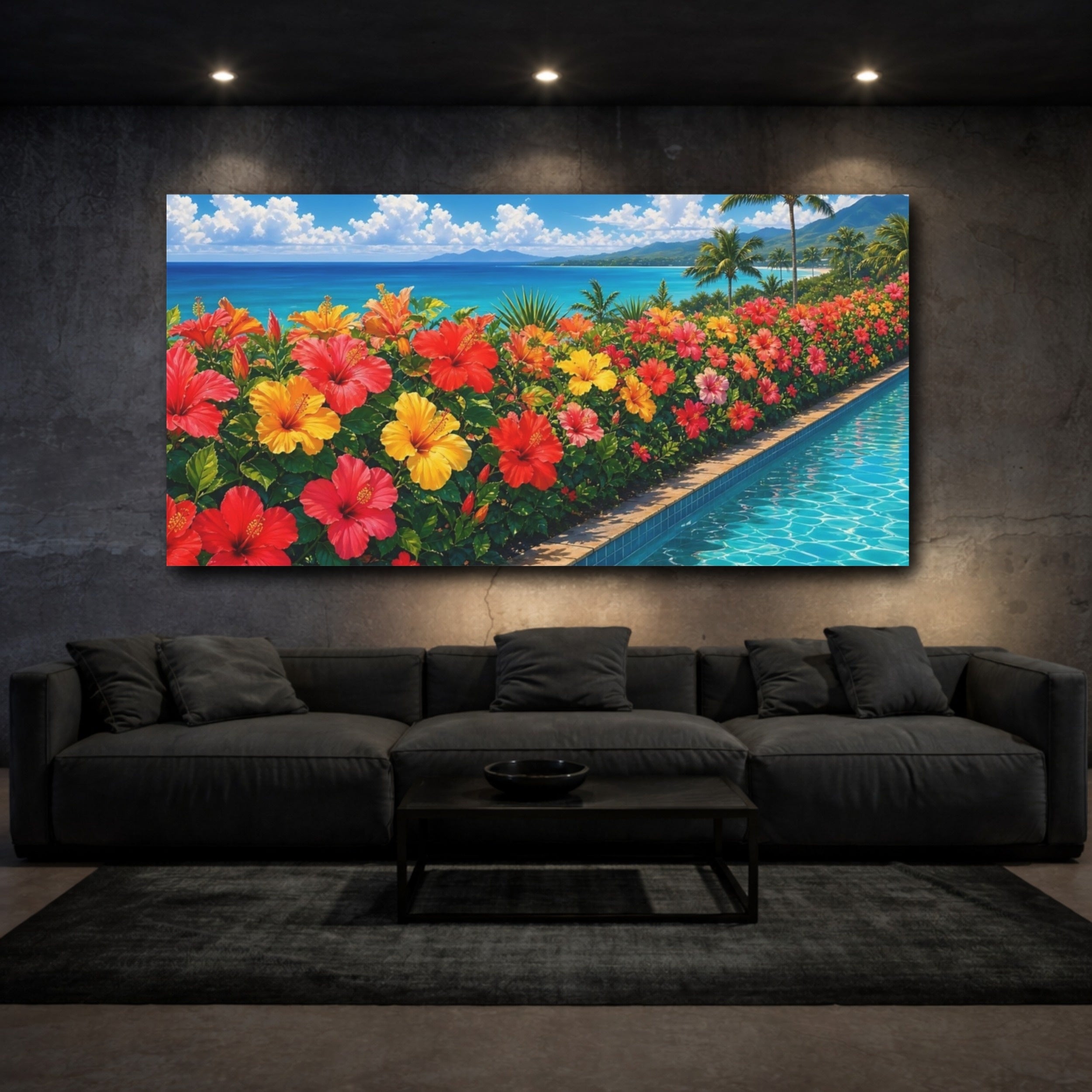 Mockup 3. Floral Hibiscus Flowers Vibrant Tropical Flowers shown as stretched canvas wall art