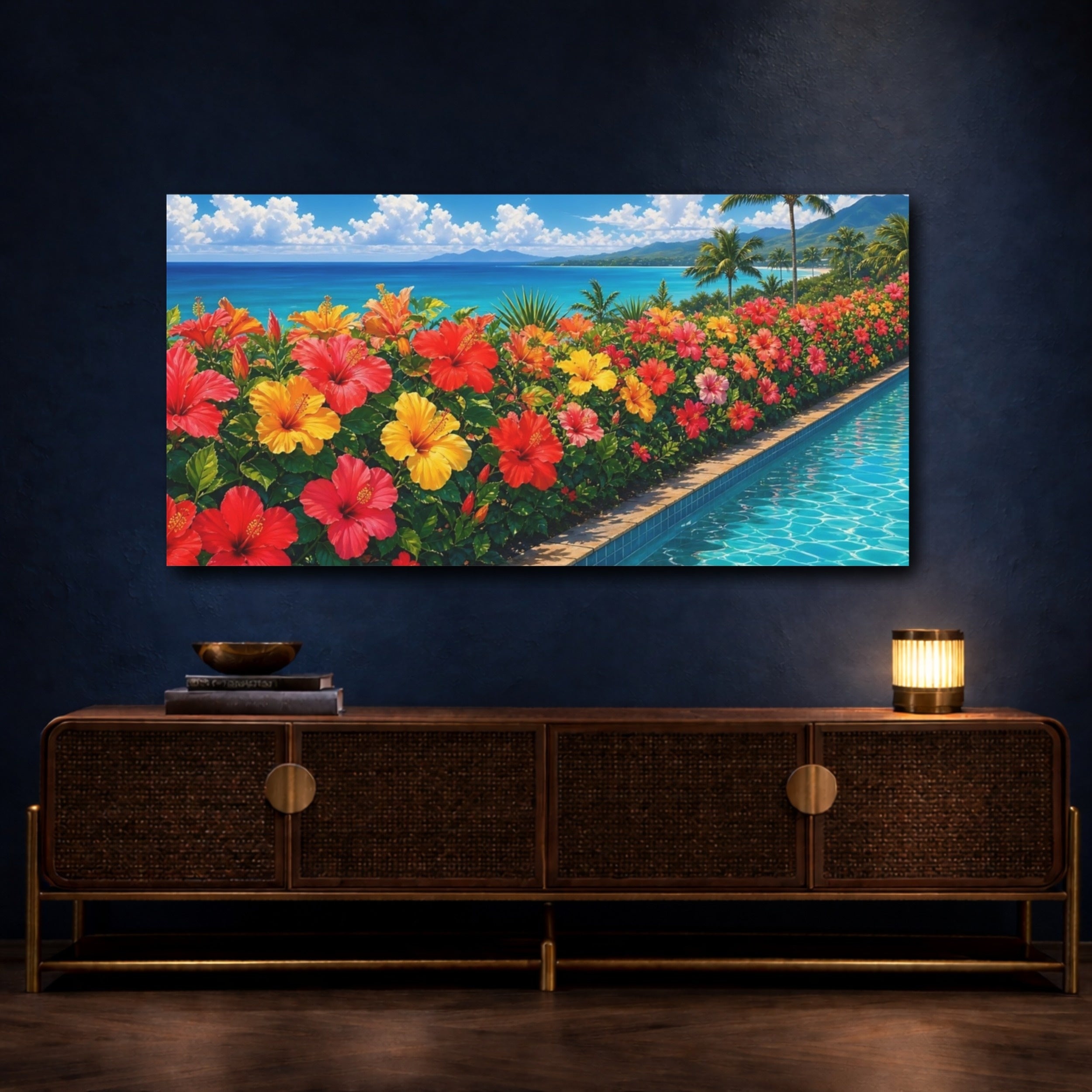 Mockup 4. Floral Hibiscus Flowers Vibrant Tropical Flowers shown as stretched canvas wall art