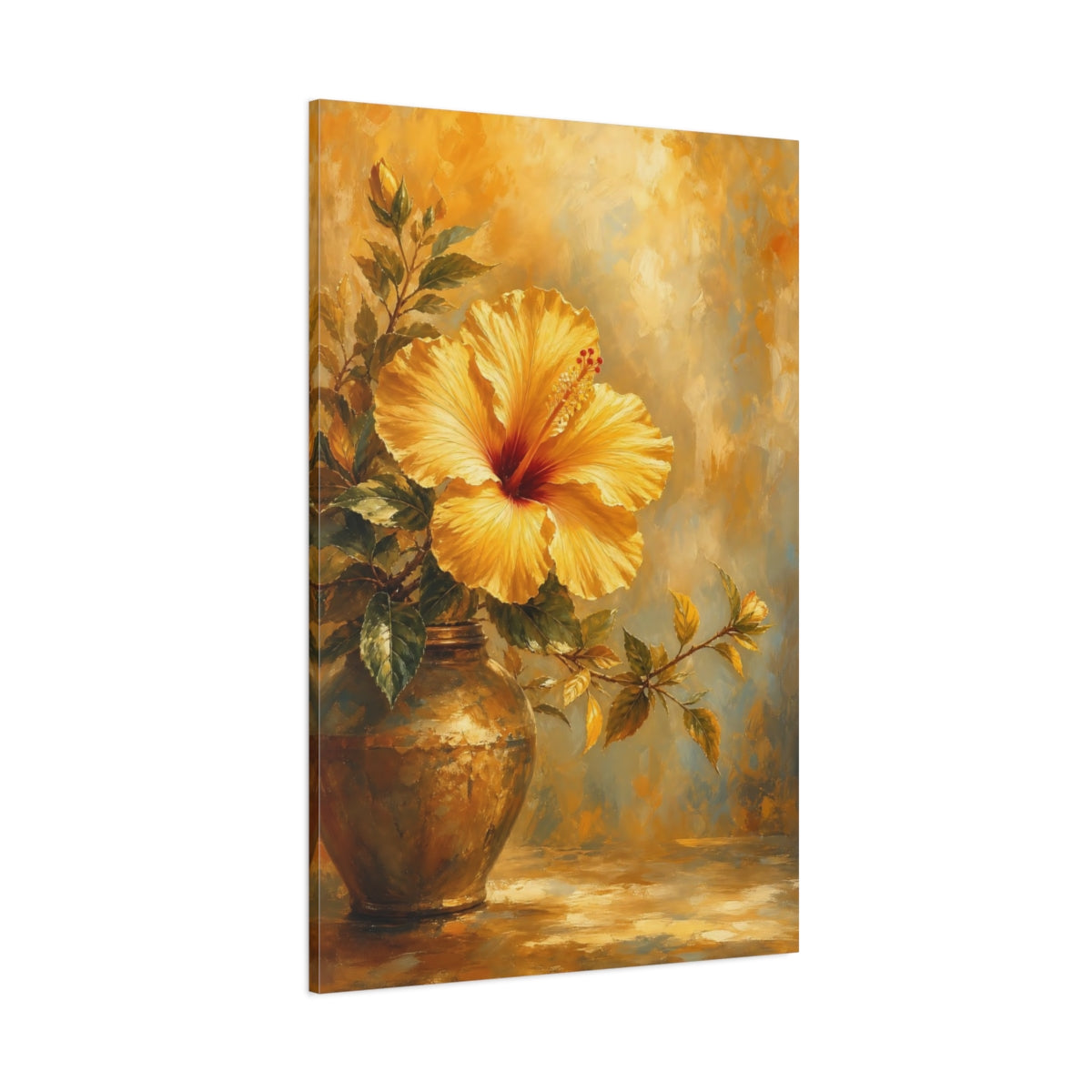 Side Mockup 1. Floral Hibiscus Golden Hibiscus shown as stretched canvas wall art