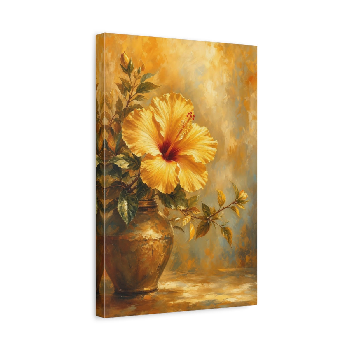 Side Mockup 4. Floral Hibiscus Golden Hibiscus shown as stretched canvas wall art