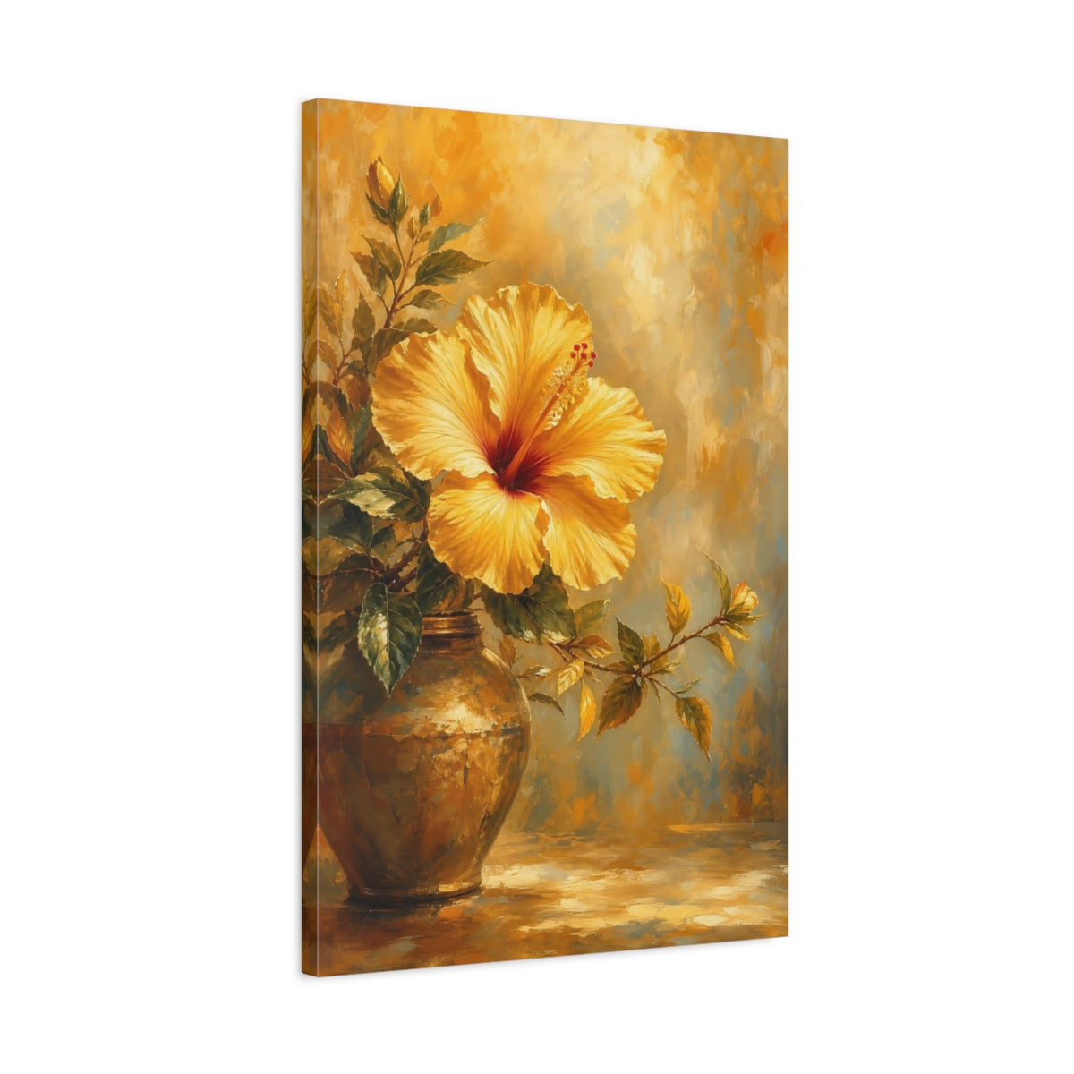 Side Mockup 2. Floral Hibiscus Golden Hibiscus shown as stretched canvas wall art