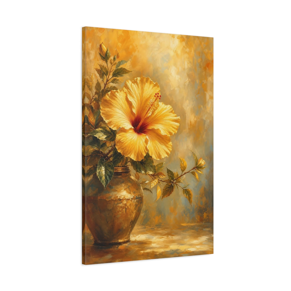 Main Mockup. Floral Hibiscus Golden Hibiscus shown as stretched canvas wall art