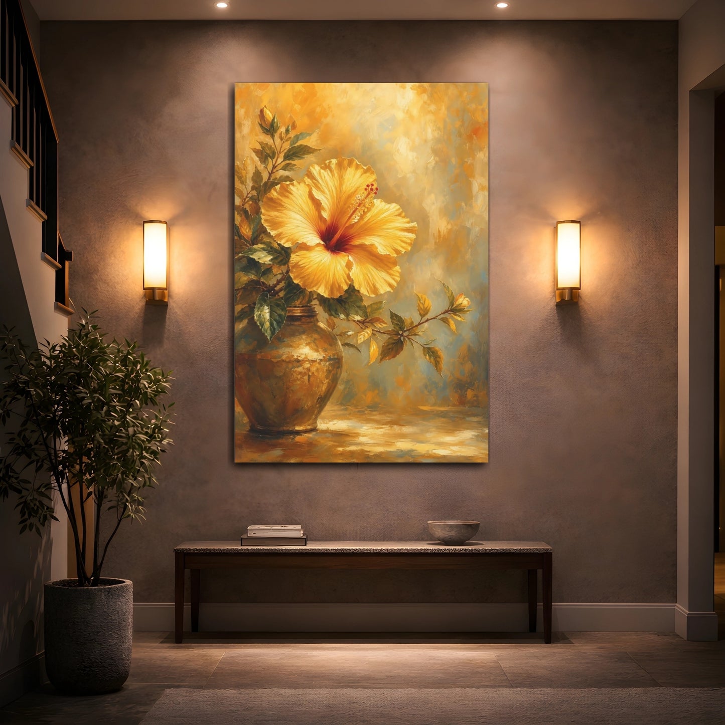 Mockup 2. Floral Hibiscus Golden Hibiscus shown as stretched canvas wall art