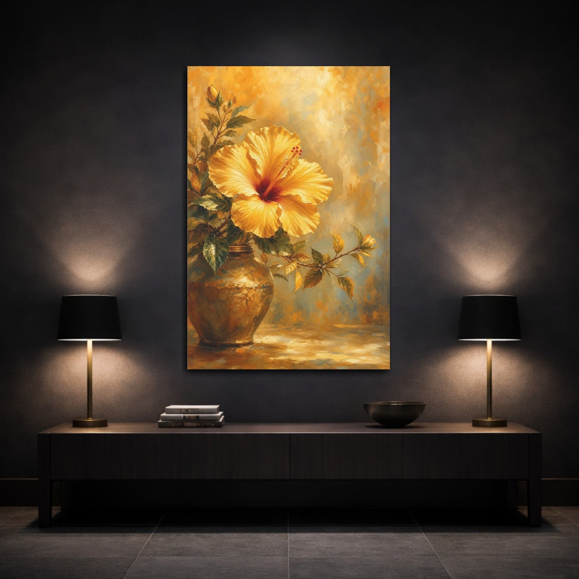 Mockup 3. Floral Hibiscus Golden Hibiscus shown as stretched canvas wall art