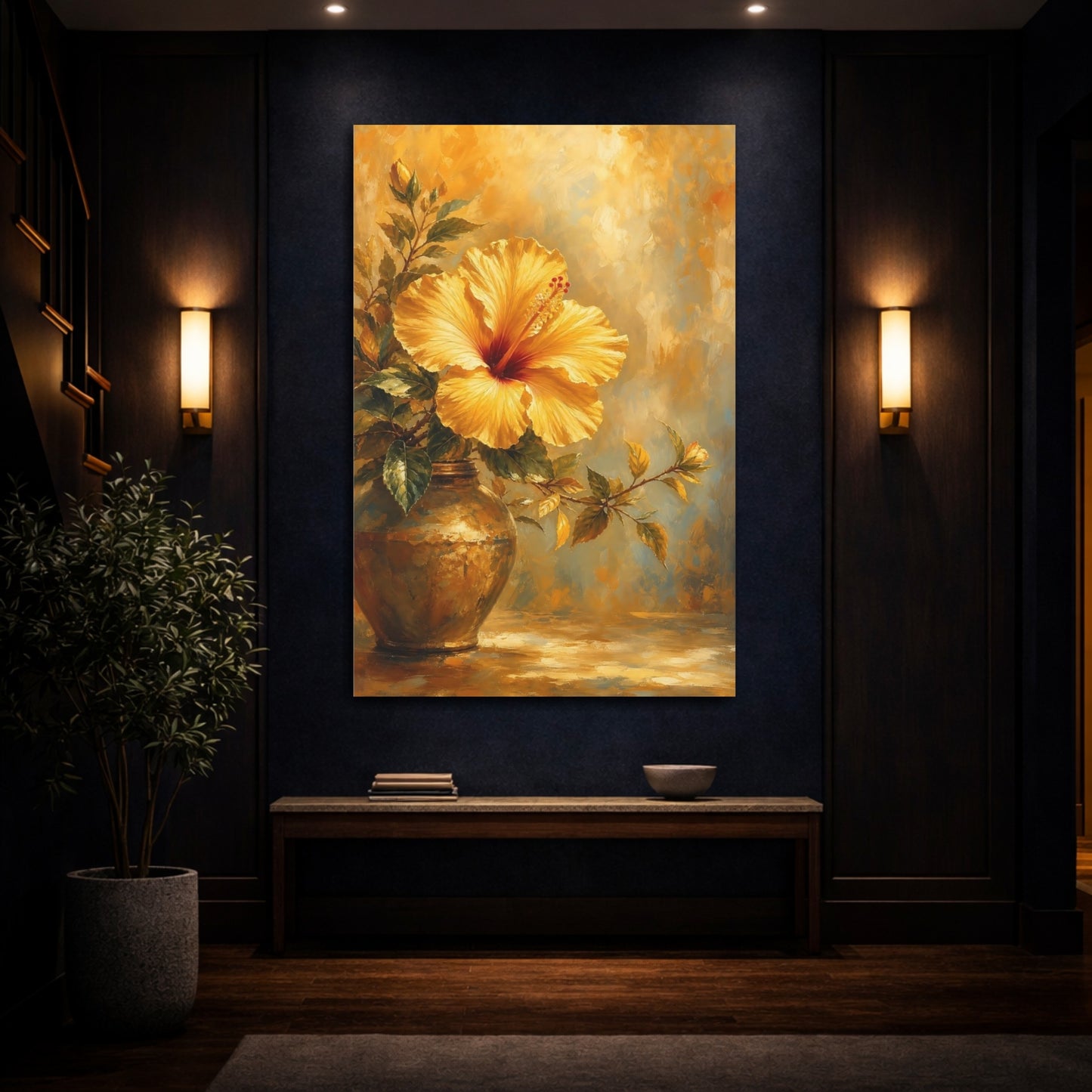 Mockup 4. Floral Hibiscus Golden Hibiscus shown as stretched canvas wall art