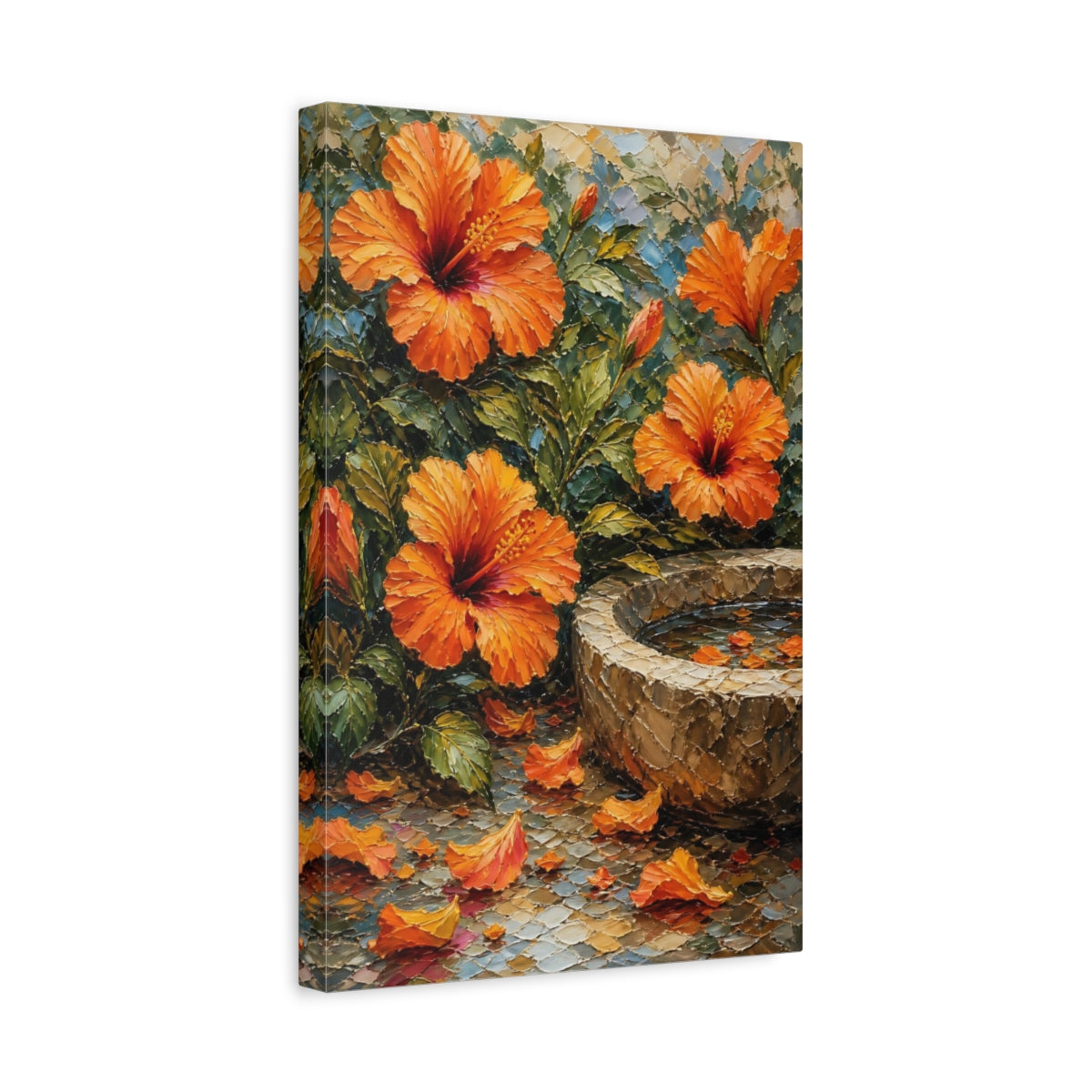 Side Mockup 4. Floral Hibiscus Orange And Green shown as stretched canvas wall art