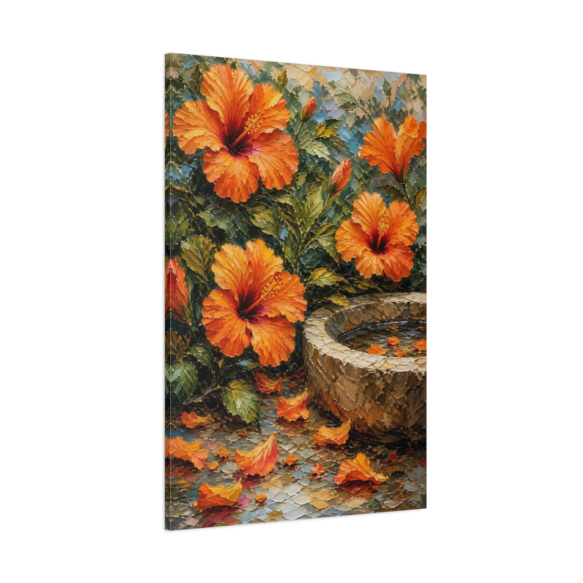 Side Mockup 1. Floral Hibiscus Orange And Green shown as stretched canvas wall art