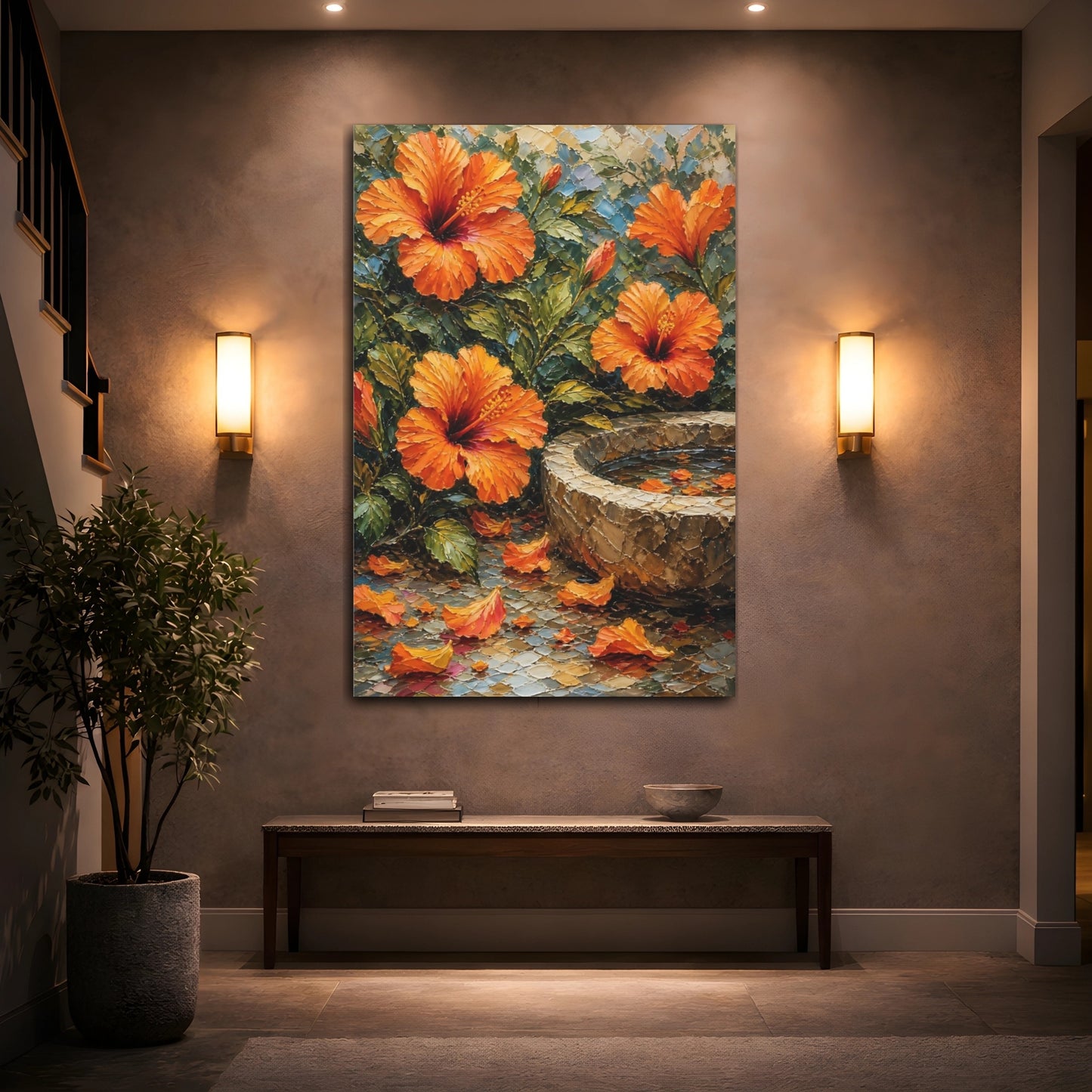 Mockup 2. Floral Hibiscus Orange And Green shown as stretched canvas wall art