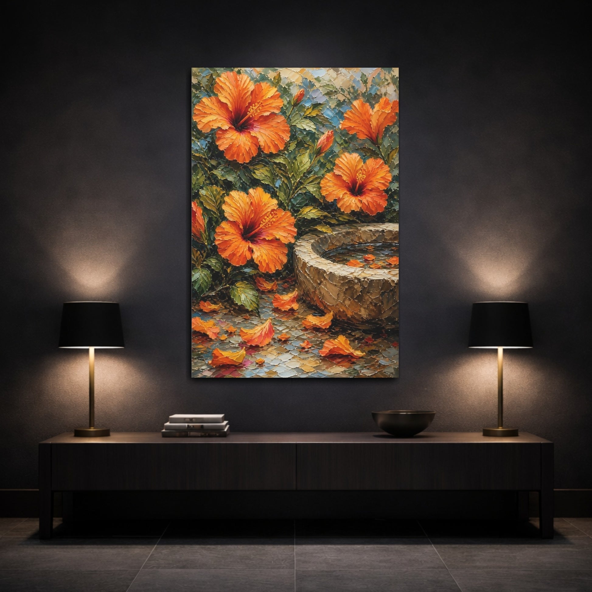 Mockup 3. Floral Hibiscus Orange And Green shown as stretched canvas wall art