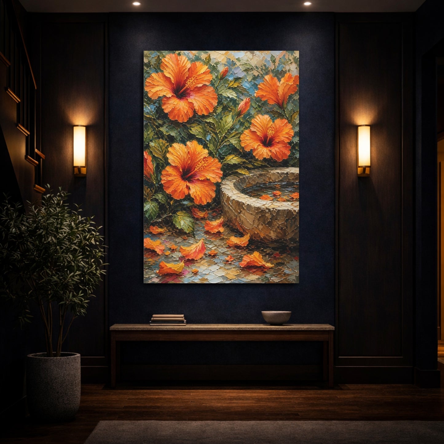 Mockup 4. Floral Hibiscus Orange And Green shown as stretched canvas wall art