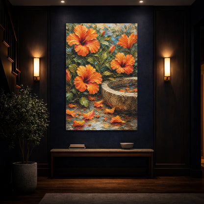 Mockup 4. Floral Hibiscus Orange And Green shown as stretched canvas wall art