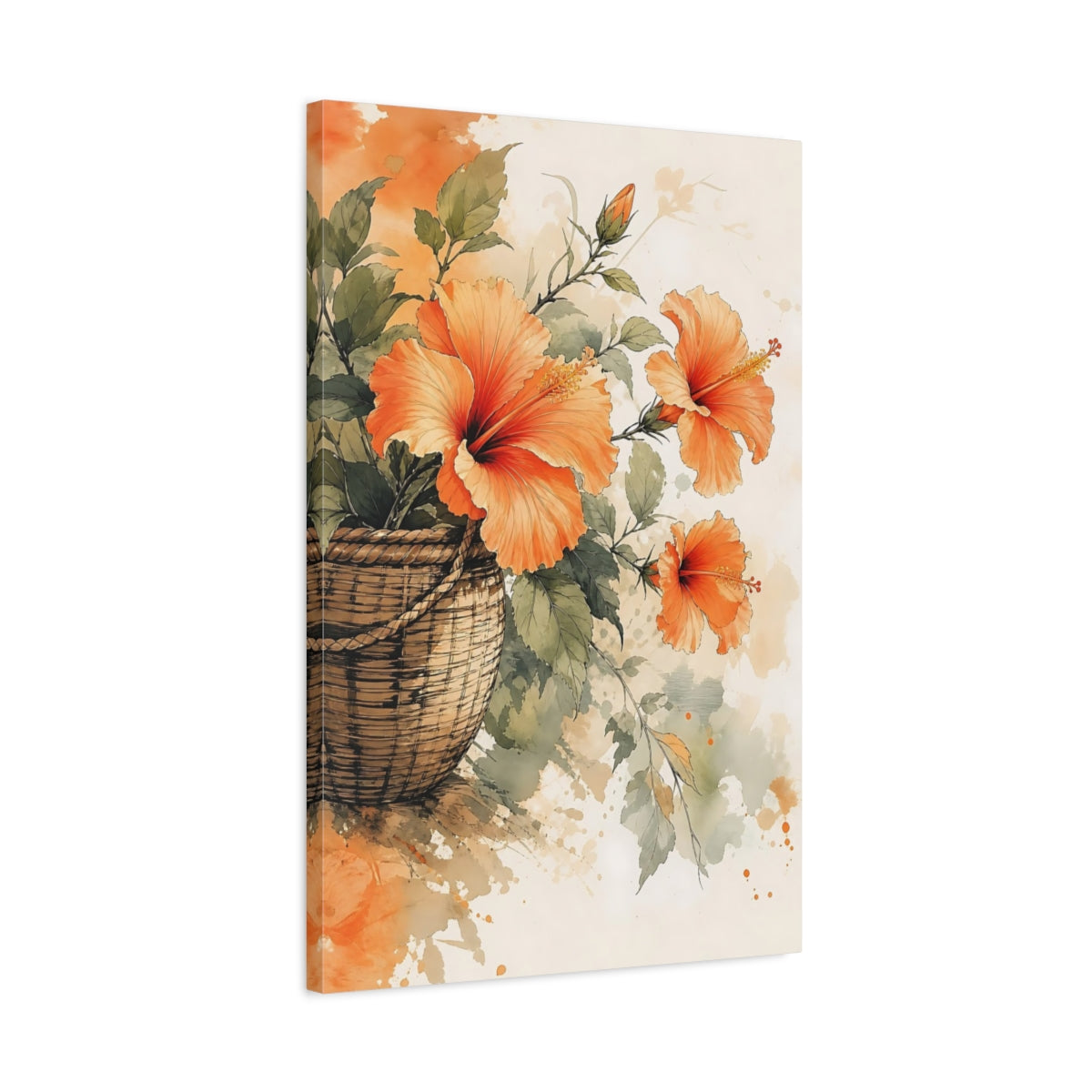 Side Mockup 2. Floral Hibiscus Orange Floral shown as stretched canvas wall art