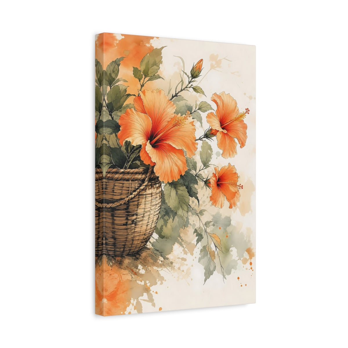 Side Mockup 4. Floral Hibiscus Orange Floral shown as stretched canvas wall art