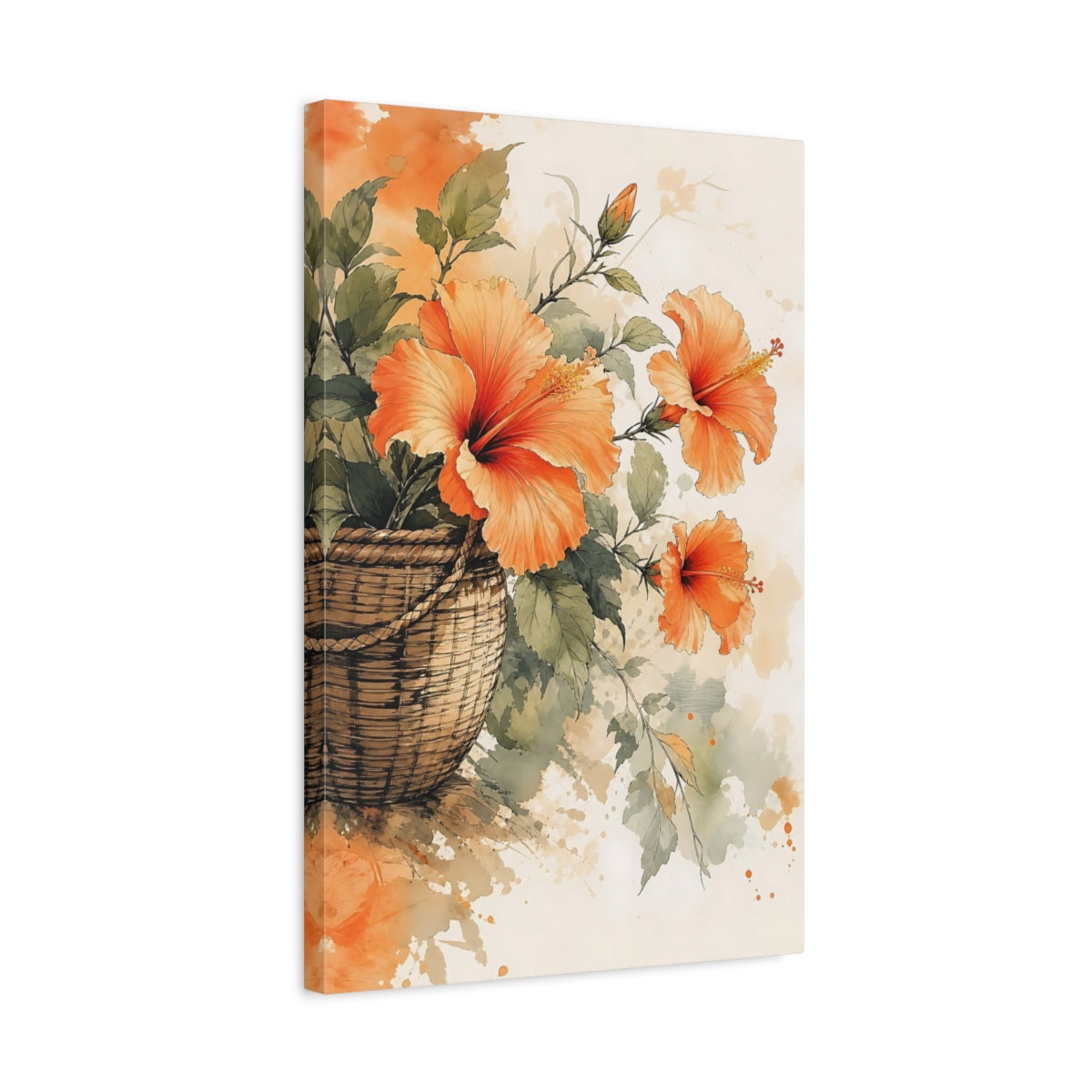 Side Mockup 3. Floral Hibiscus Orange Floral shown as stretched canvas wall art
