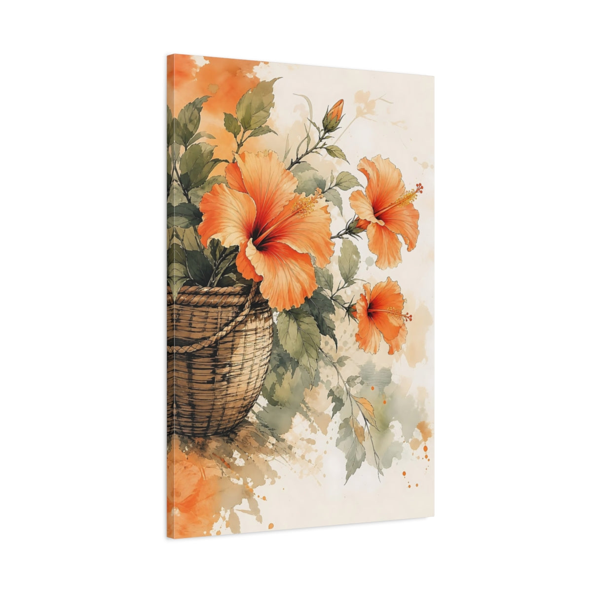 Main Mockup. Floral Hibiscus Orange Floral shown as stretched canvas wall art