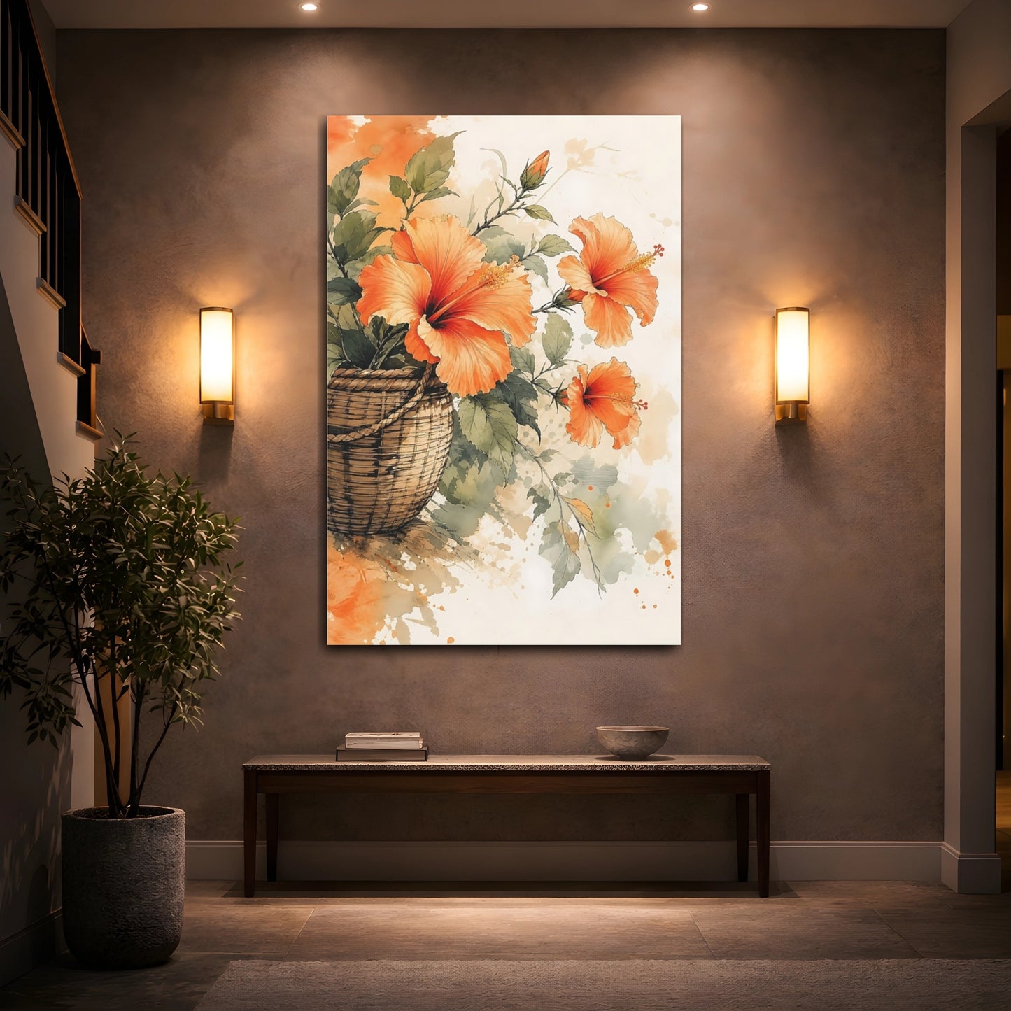 Mockup 2. Floral Hibiscus Orange Floral shown as stretched canvas wall art