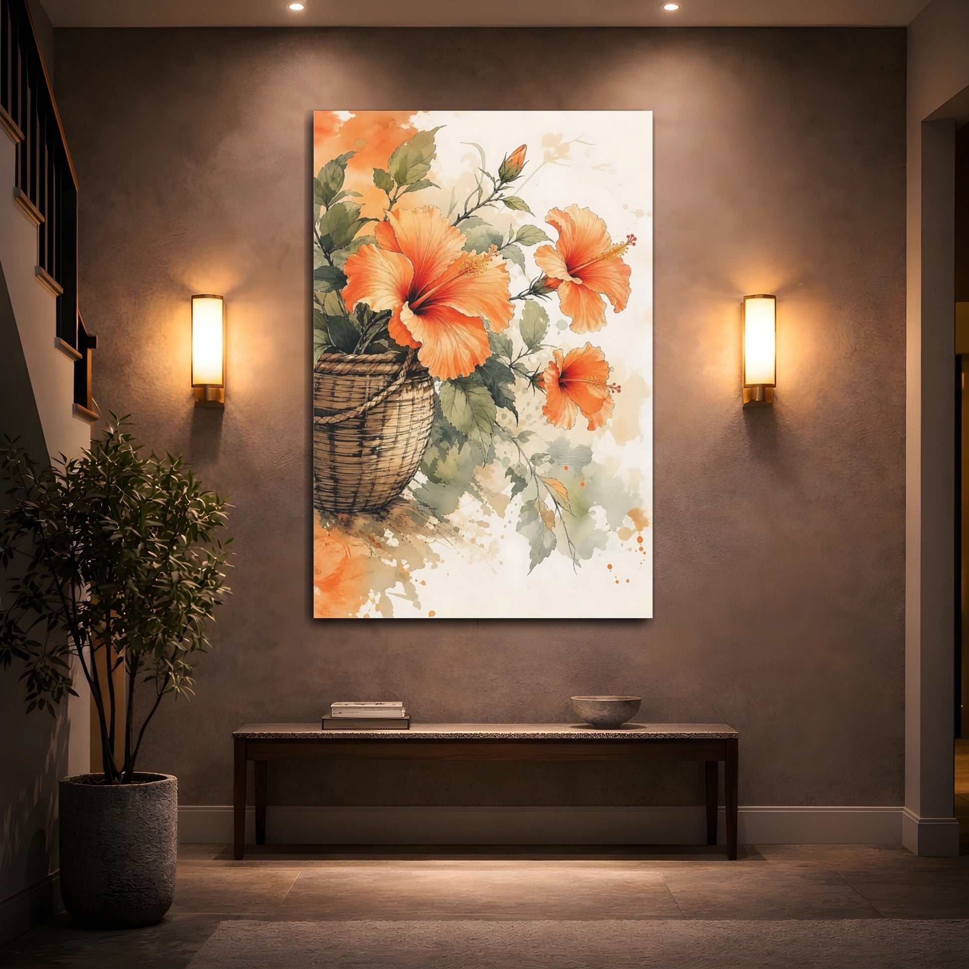 Mockup 2. Floral Hibiscus Orange Floral shown as stretched canvas wall art